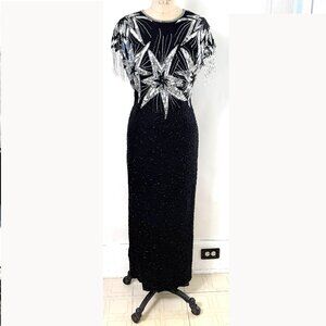 Vtg Laurence Kazar Sequin Beaded Stars Black Formal Gown Dress 100% Silk Size M